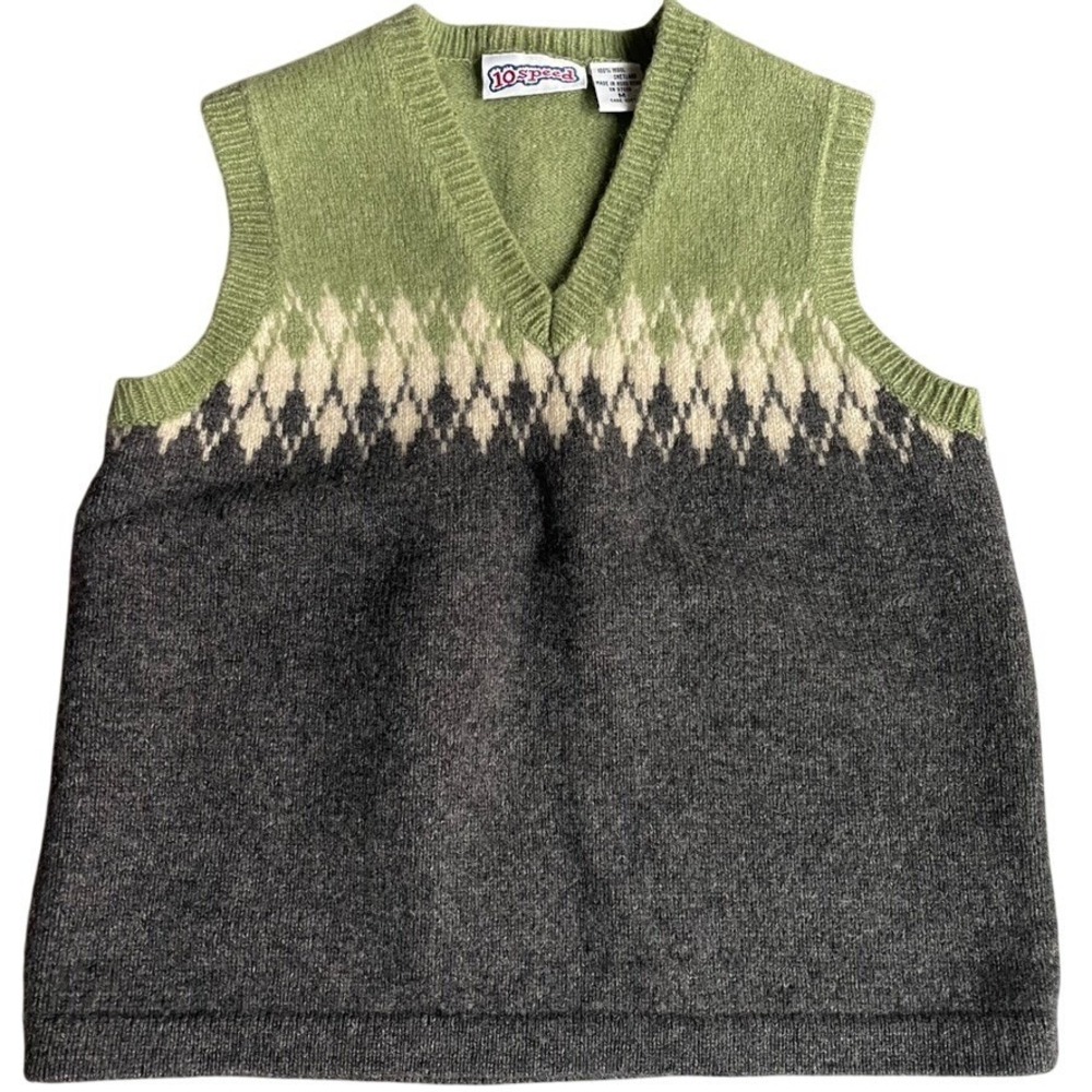 10 Speed Vintage 100% Shetland Wool Argyle Boys Sweater Vest Size Medium